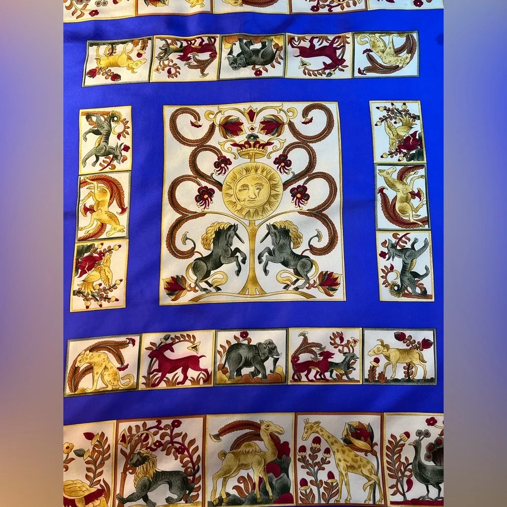 Christian Dior Silk Scarf Vtg Tree of Life Unicorn Animals Sun Moon HR 34 x 34